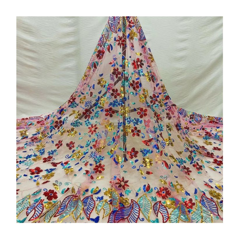 Bridal fabric luxury embroidery beads sequins tulle lace fabric high-end embroidery fabric for girls evening dress