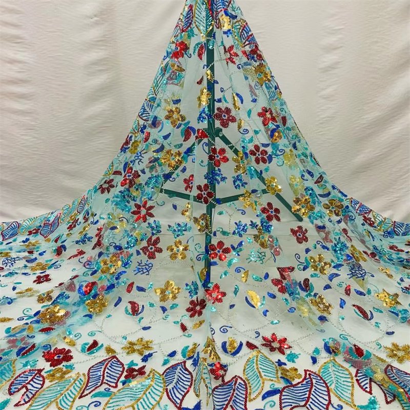 Bridal fabric luxury embroidery beads sequins tulle lace fabric high-end embroidery fabric for girls evening dress