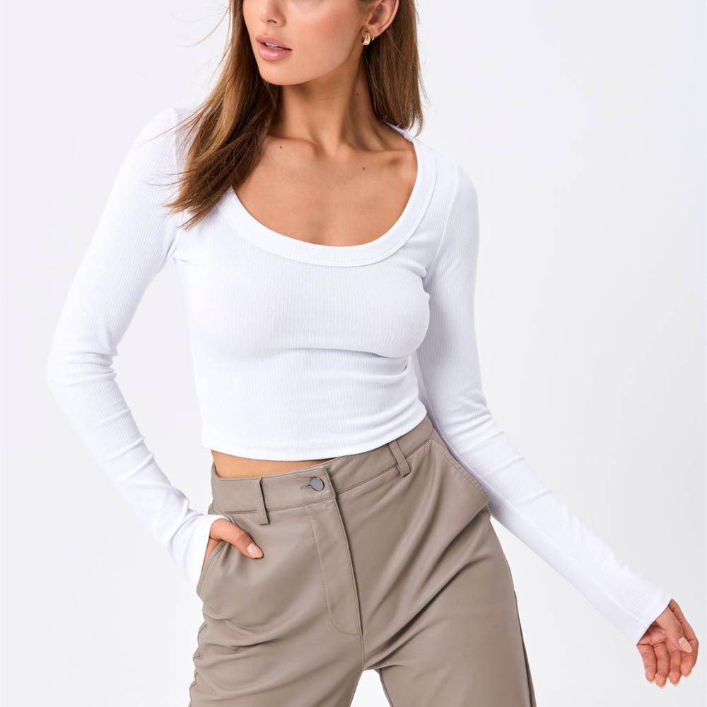 New Arrival Autumn Basics Women Soft Clothes Long Sleeve Crop Top Square Neck Solid T-shirt Knitted Ribbed Casual Slim Fit Top