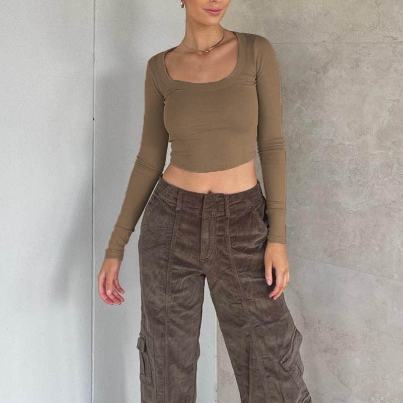 New Arrival Autumn Basics Women Soft Clothes Long Sleeve Crop Top Square Neck Solid T-shirt Knitted Ribbed Casual Slim Fit Top