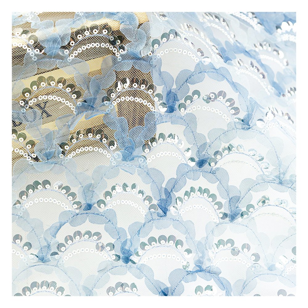 New Fashion Glitter Sector Blue Sequin Fabric 100% Polyester Sliver Sequin Lace Fabric For Party Dress