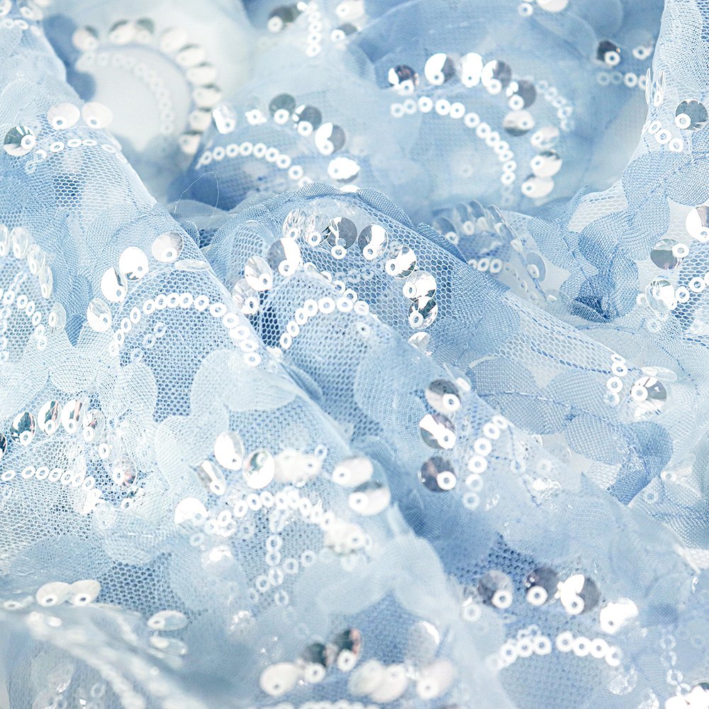 New Fashion Glitter Sector Blue Sequin Fabric 100% Polyester Sliver Sequin Lace Fabric For Party Dress