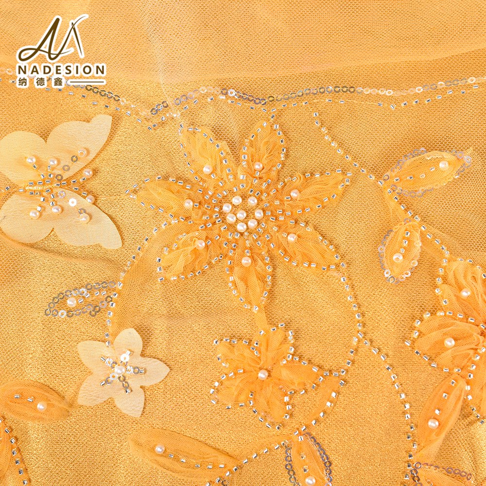Wholesale 3D Flower Tulle Yellow Embroidery Fabric Wedding Dress Lace Beautiful 3D Floral Embroidery Lace