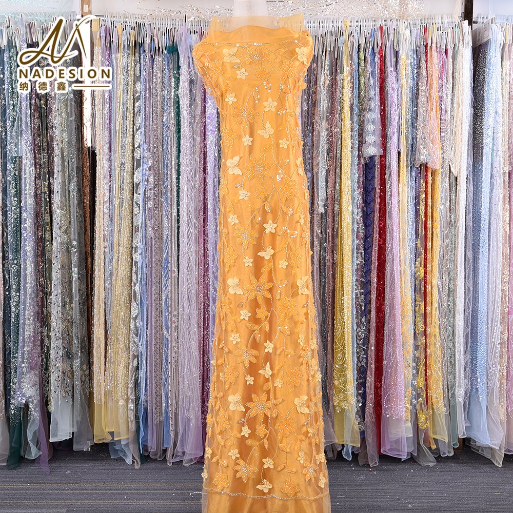 Wholesale 3D Flower Tulle Yellow Embroidery Fabric Wedding Dress Lace Beautiful 3D Floral Embroidery Lace