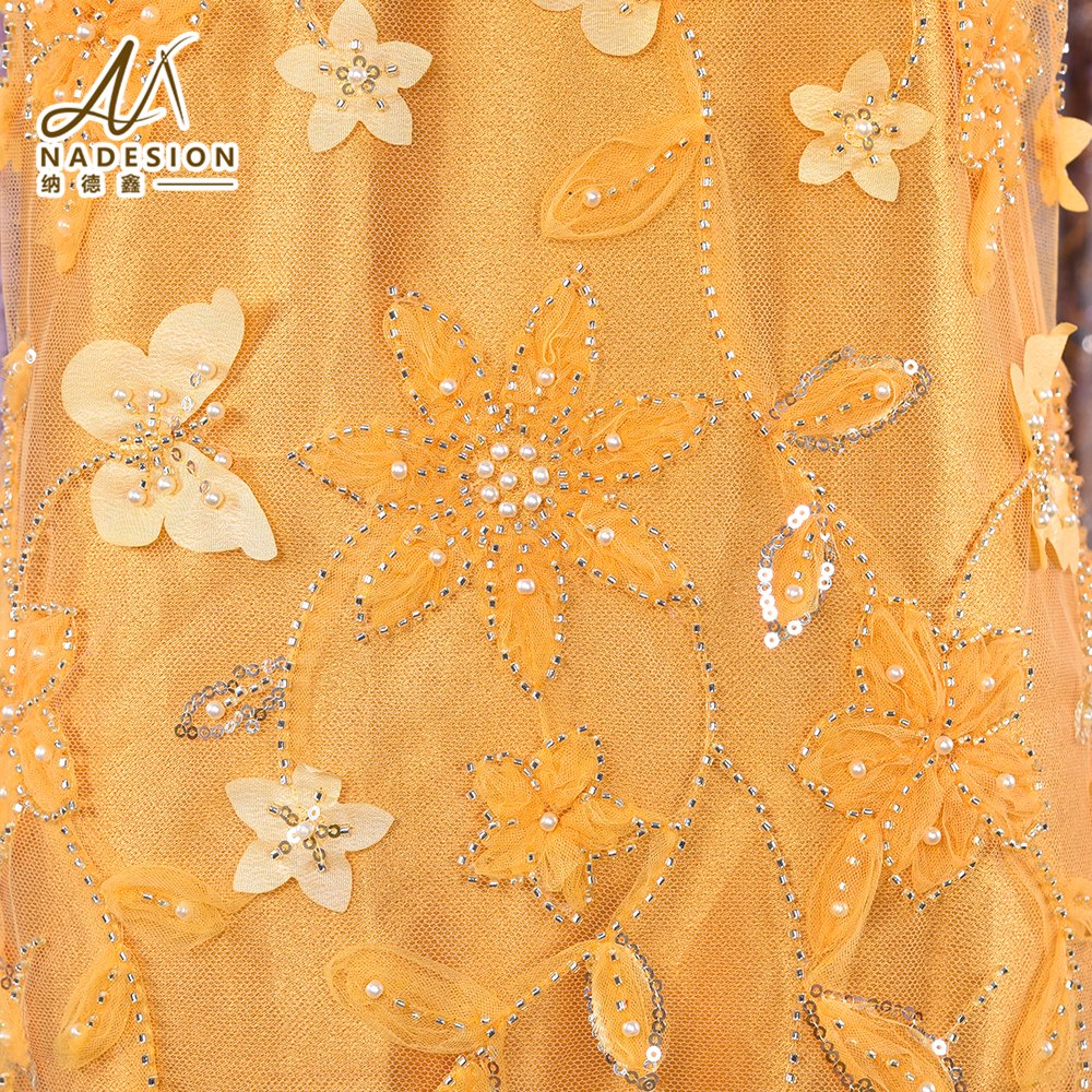 Wholesale 3D Flower Tulle Yellow Embroidery Fabric Wedding Dress Lace Beautiful 3D Floral Embroidery Lace