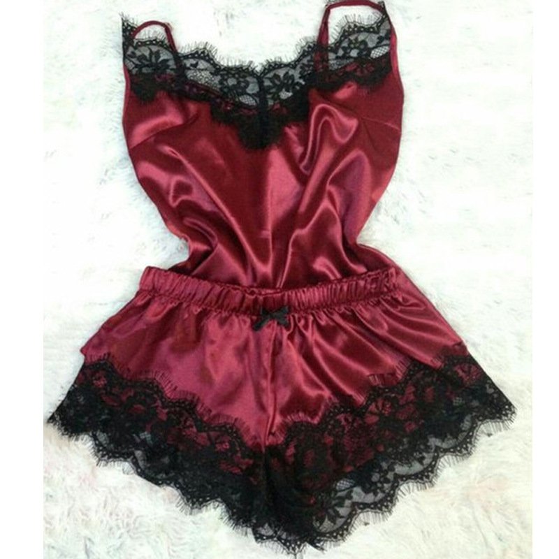 New Fashion Women sleepwear sexy Satin pajama set Black lace V-Neck Sleeveless sleepwear Cute Cami Cami Top and Shorts pijama