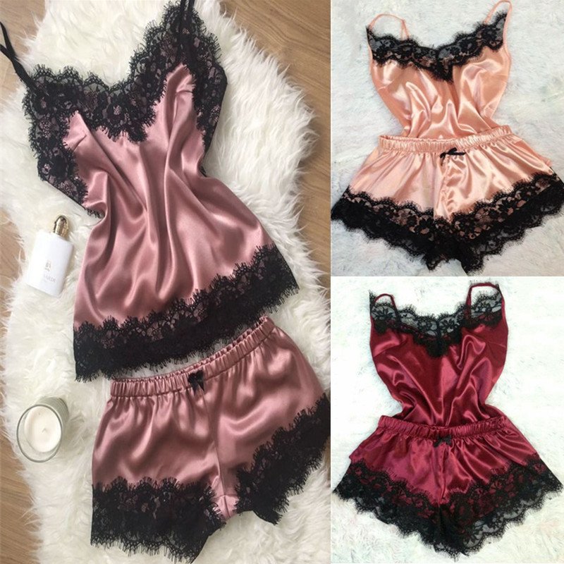 New Fashion Women sleepwear sexy Satin pajama set Black lace V-Neck Sleeveless sleepwear Cute Cami Cami Top and Shorts pijama