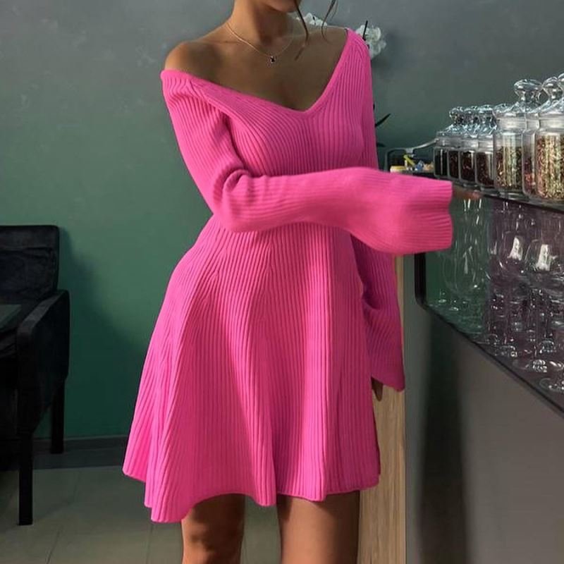 2024 Custom Autumn V Neck Long Sleeve Solid Ribbed Knit Casual Dresses Knitted Thick Striped Split Casual Dress