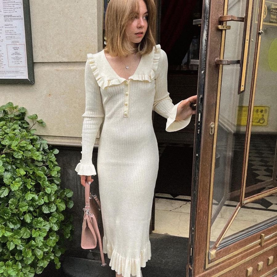 2024 Ruffled Patchwork Knit Maxi Dress Elegant Ribbed Long Sleeve Party Dress Gown Slim Knitwear Fashion Long Dress for Women