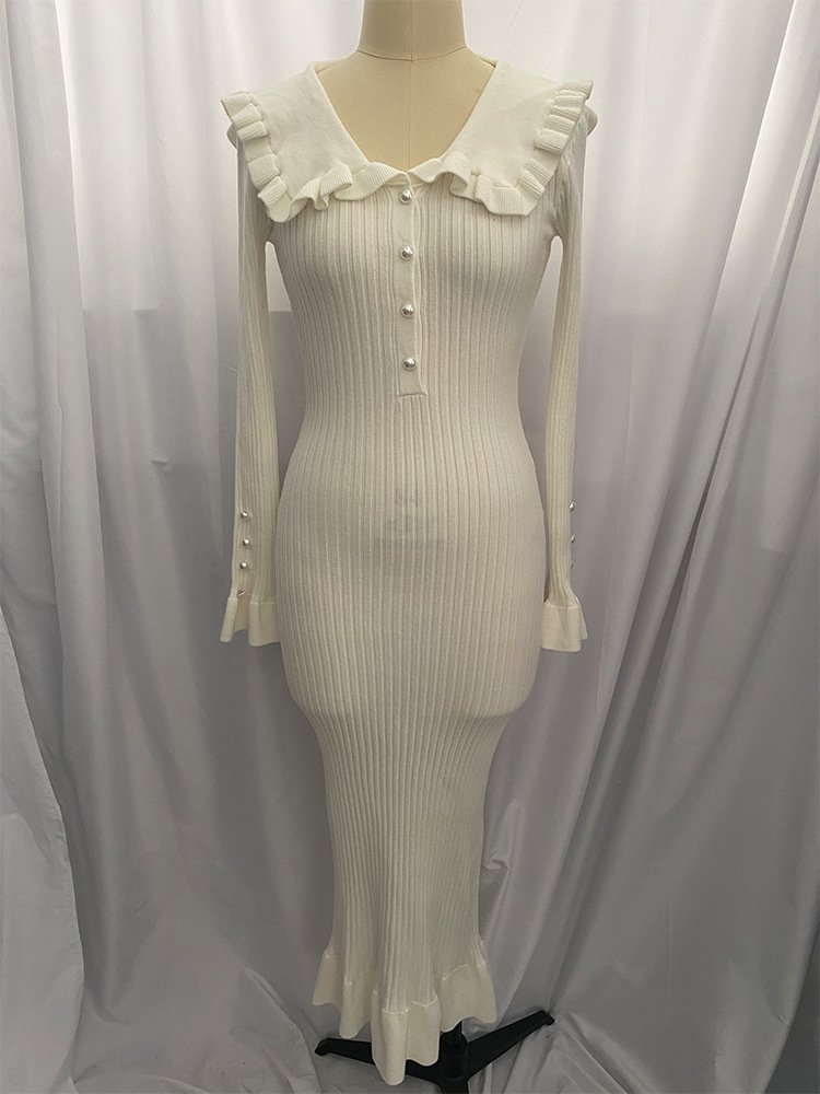 2024 Ruffled Patchwork Knit Maxi Dress Elegant Ribbed Long Sleeve Party Dress Gown Slim Knitwear Fashion Long Dress for Women