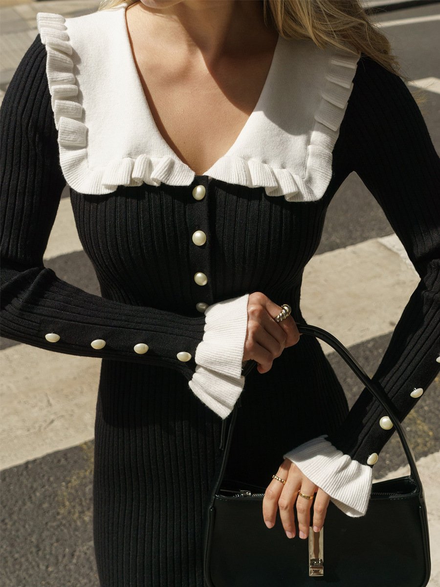 2024 Ruffled Patchwork Knit Maxi Dress Elegant Ribbed Long Sleeve Party Dress Gown Slim Knitwear Fashion Long Dress for Women