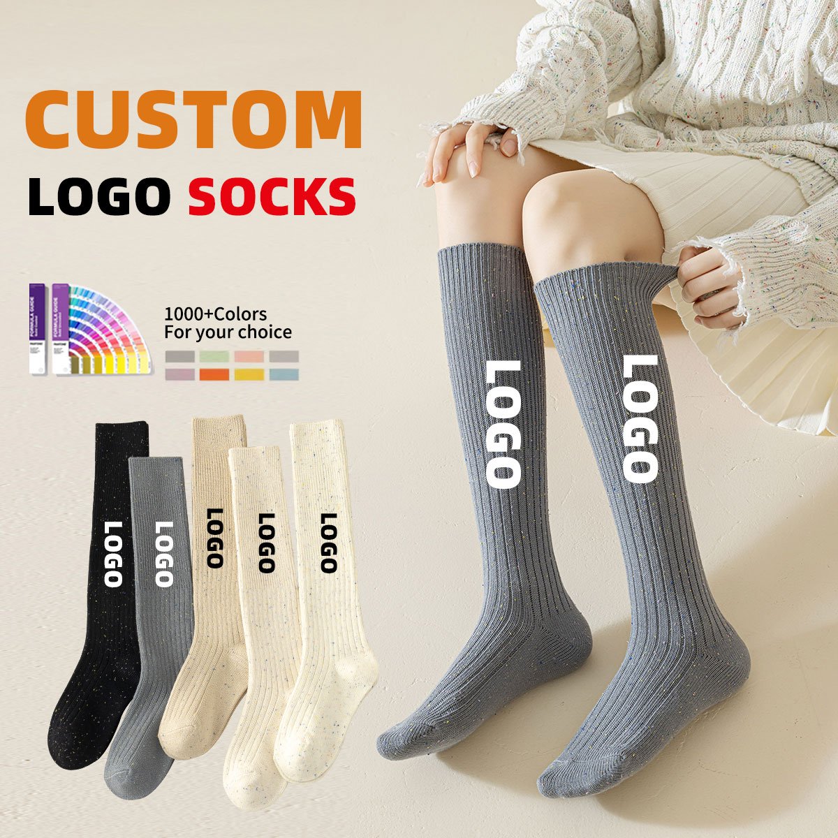 Women's Cashmere Socks High Quality Ribbed Mixed-Color Dot Thick Knitted Custom Winter woman calf socks