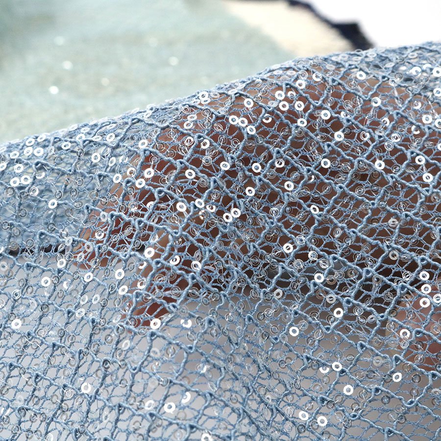 Elegant Sky Blue 100% Polyester Cord Lace Ground 3mm Transparent Sequin Embroidery Lace Fabric for Party Dress Daily Use