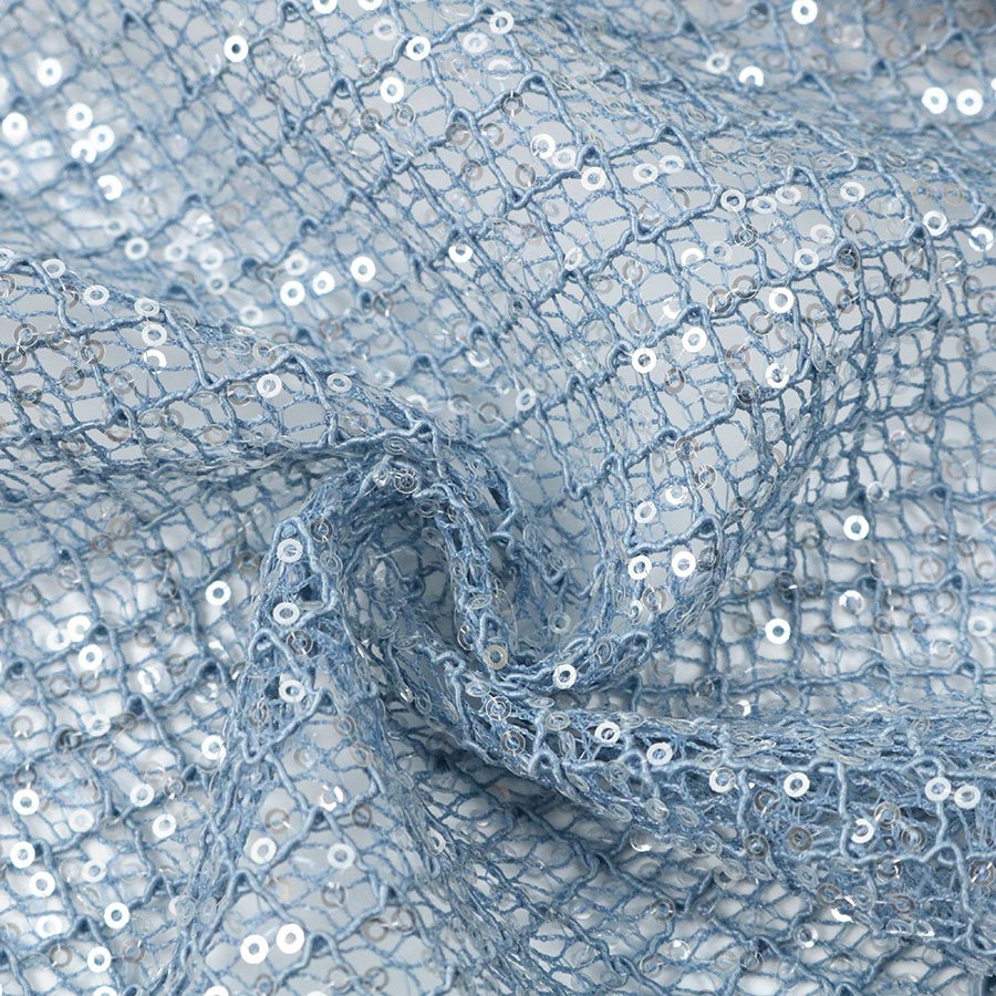 Elegant Sky Blue 100% Polyester Cord Lace Ground 3mm Transparent Sequin Embroidery Lace Fabric for Party Dress Daily Use