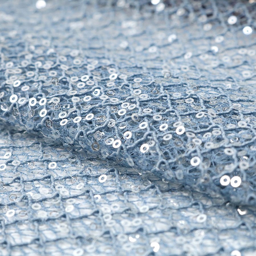 Elegant Sky Blue 100% Polyester Cord Lace Ground 3mm Transparent Sequin Embroidery Lace Fabric for Party Dress Daily Use