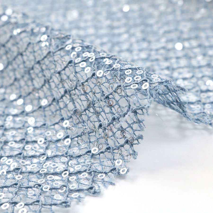 Elegant Sky Blue 100% Polyester Cord Lace Ground 3mm Transparent Sequin Embroidery Lace Fabric for Party Dress Daily Use
