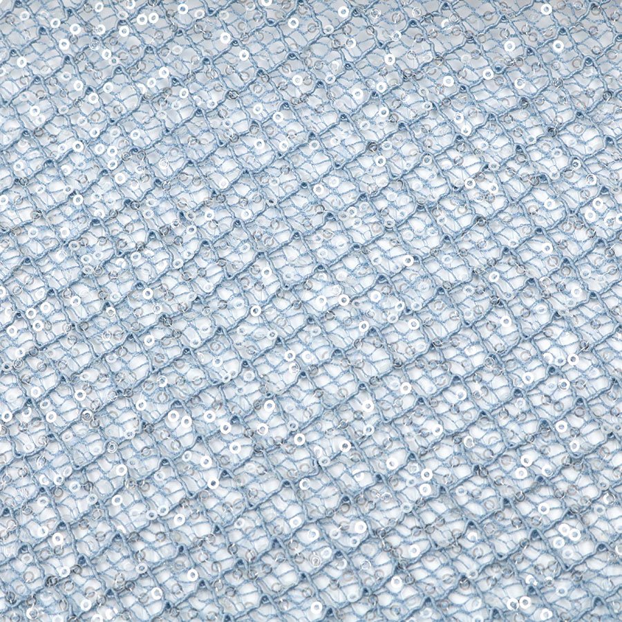 Elegant Sky Blue 100% Polyester Cord Lace Ground 3mm Transparent Sequin Embroidery Lace Fabric for Party Dress Daily Use