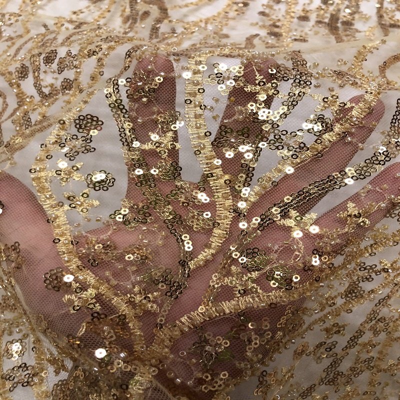 Best Selling Products Sequin Embroidery Fabric sequin Lace Fabric Gold For Dress