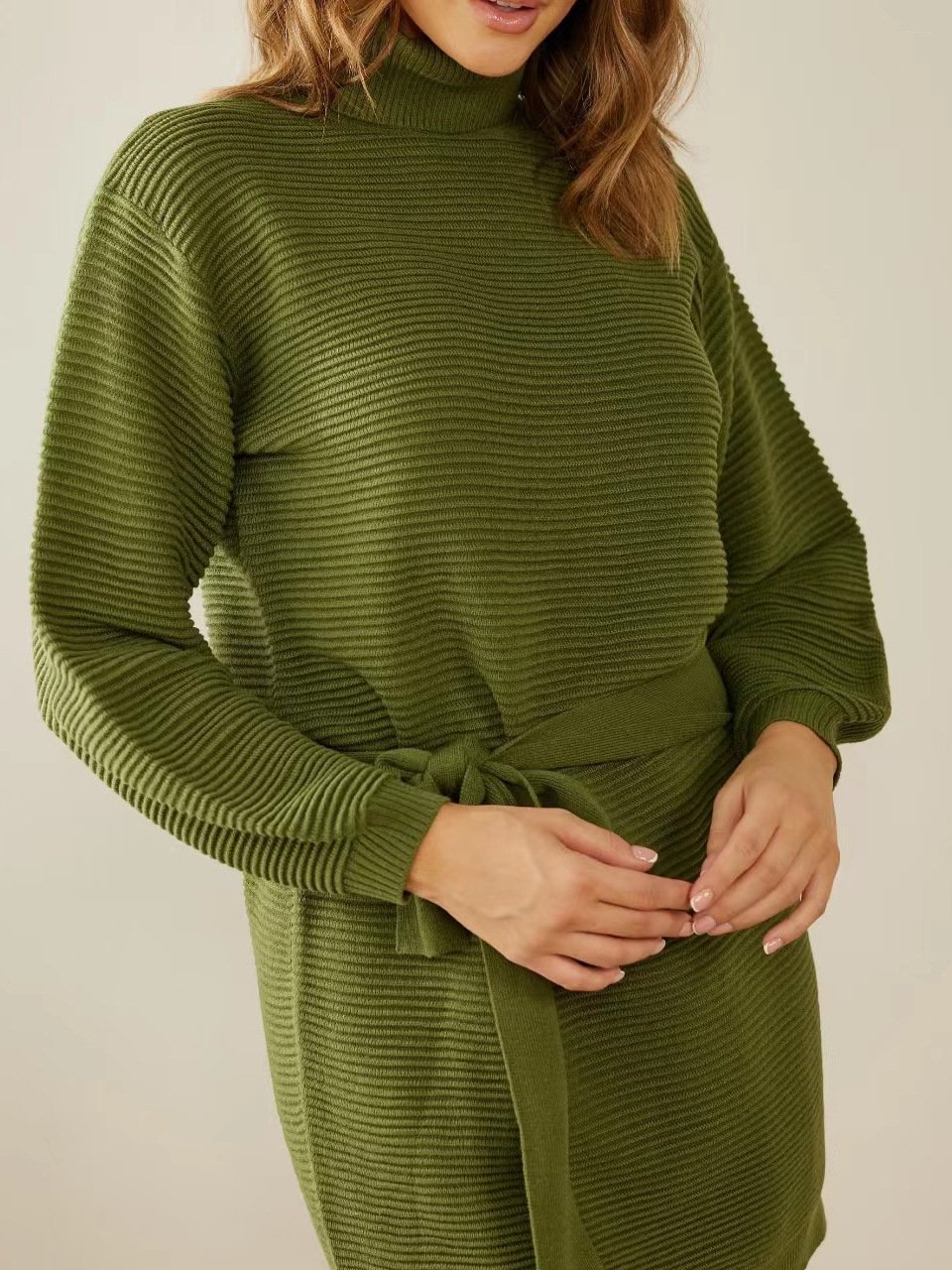2025 Autumn Casual Pure Color Long Sleeve High Neck Slim Fitting Adjustable Strap Ribbed Knit Mini Dress Women