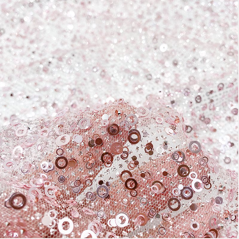 Wholesale Embroidered Tulle Lace Fabric Silver Pink Luxury Glued Sequin Glitter Lace Fabric For Wedding Gowns