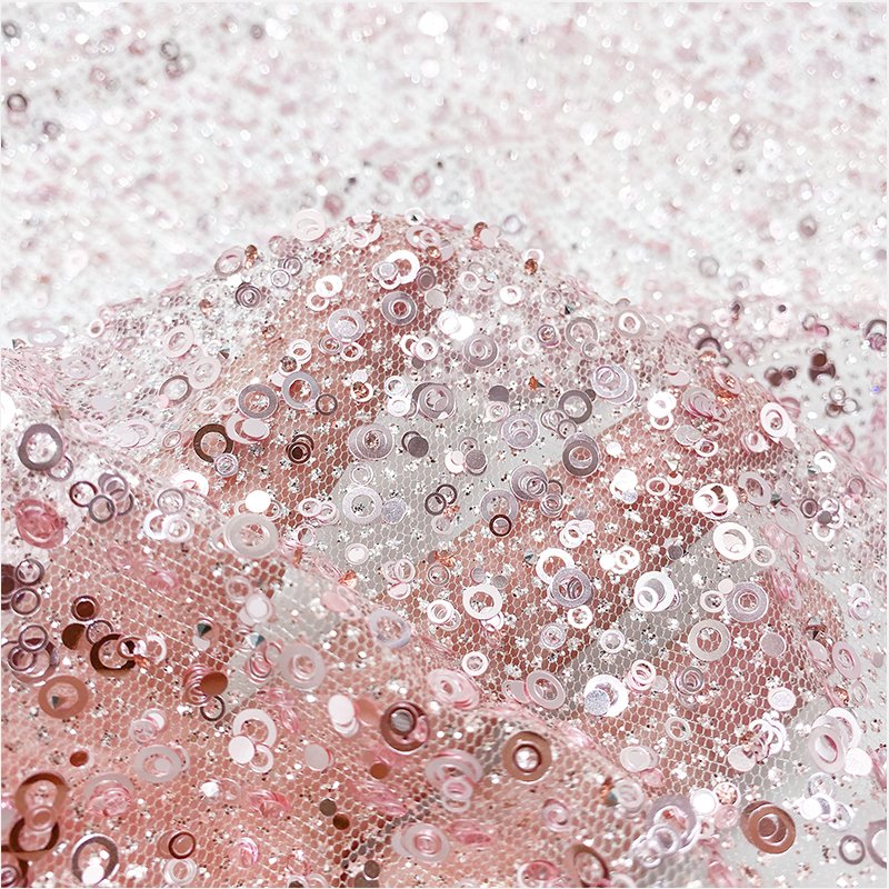 Wholesale Embroidered Tulle Lace Fabric Silver Pink Luxury Glued Sequin Glitter Lace Fabric For Wedding Gowns