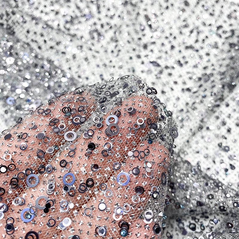 Wholesale Embroidered Tulle Lace Fabric Silver Pink Luxury Glued Sequin Glitter Lace Fabric For Wedding Gowns
