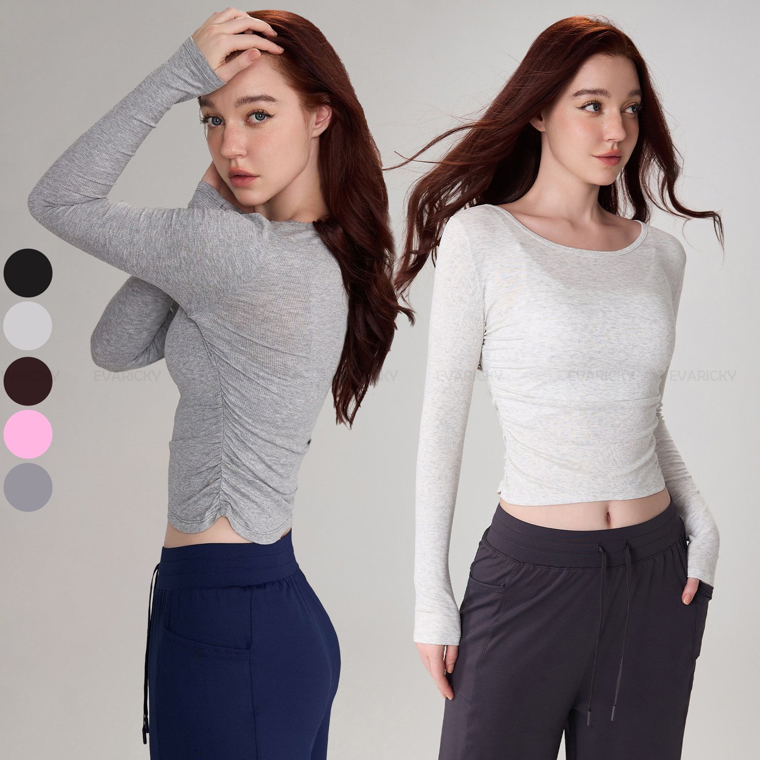 Women's Ribbed Clothes Full Long Sleeve T-Shirt Side Pleated Design Round Collar Sports T-Shirts For Women High Quality