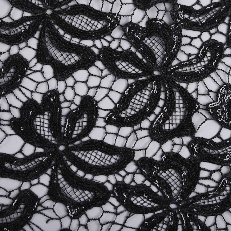 Polyester chemical floral mesh guipure 3mm sequin black lace fabric sequin embroidery 2020