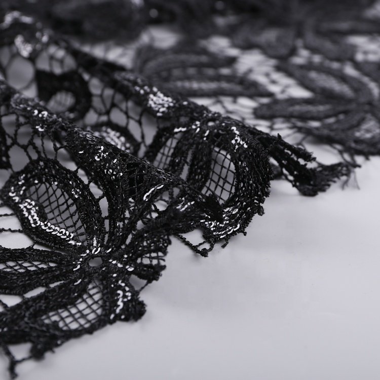 Polyester chemical floral mesh guipure 3mm sequin black lace fabric sequin embroidery 2020