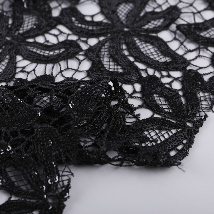 Polyester chemical floral mesh guipure 3mm sequin black lace fabric sequin embroidery 2020