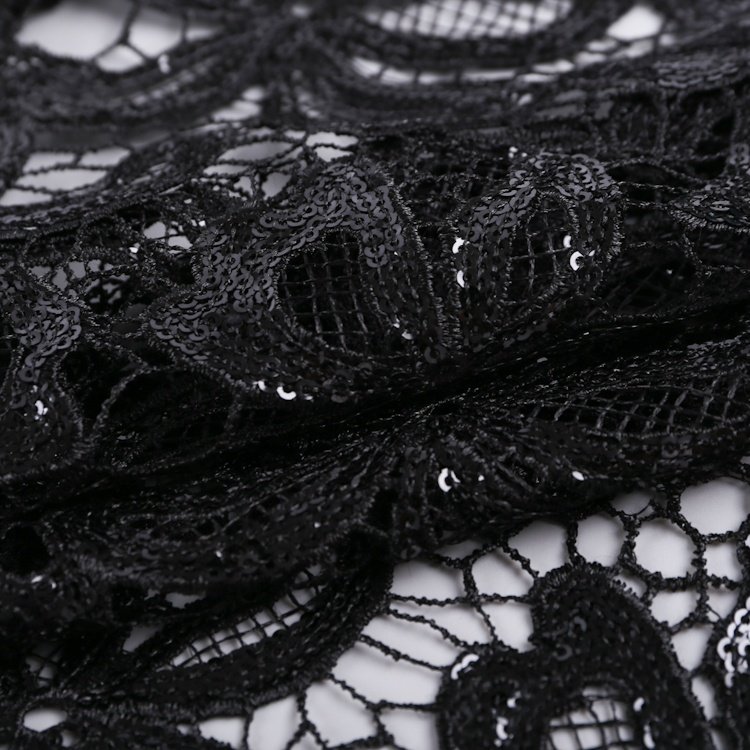 Polyester chemical floral mesh guipure 3mm sequin black lace fabric sequin embroidery 2020