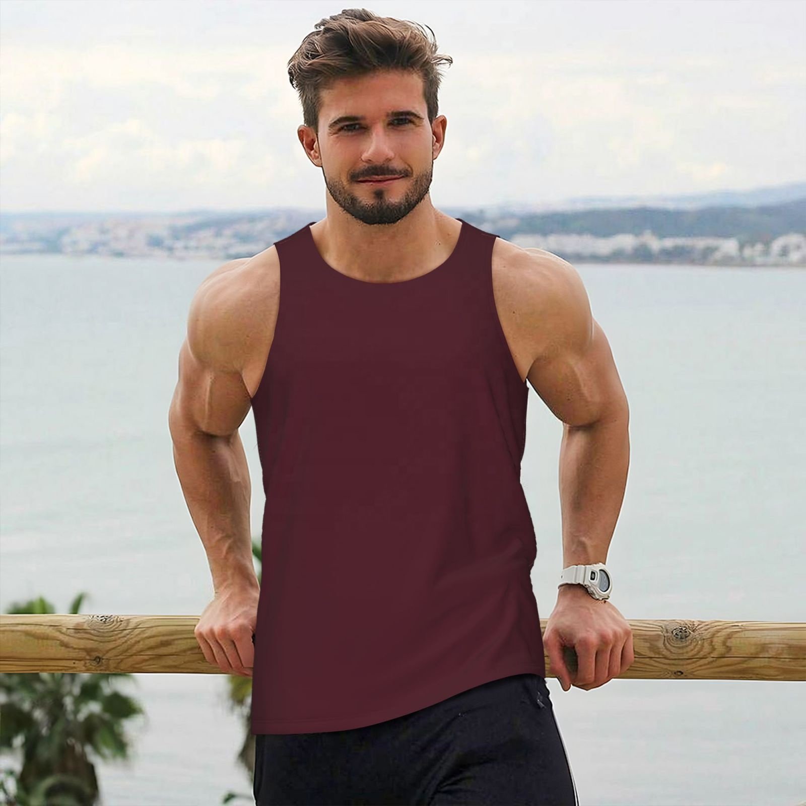 High Quality Fitness Bodybuilding Custom Designs Gym Tank Tops Claret Men Singlet Casual 100% Polyester Street wear Vest