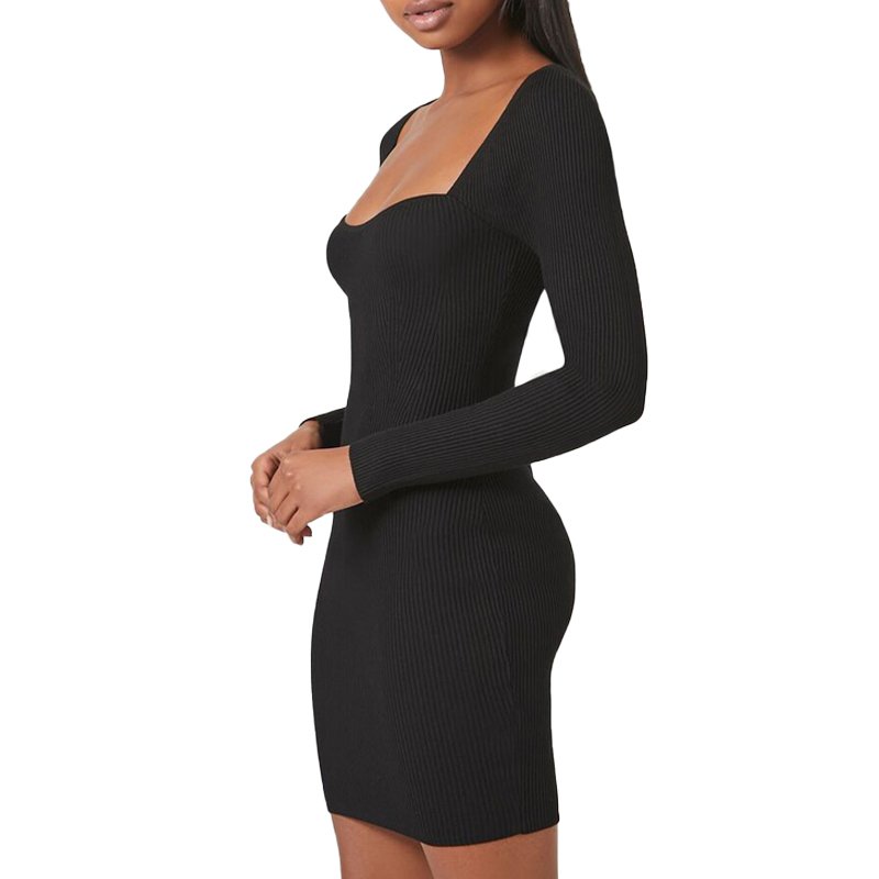 Custom Summer Fashion Black Sexy Long Sleeve Bodycon Knitted Cotton Ribbed Square Mini Dresses For Women