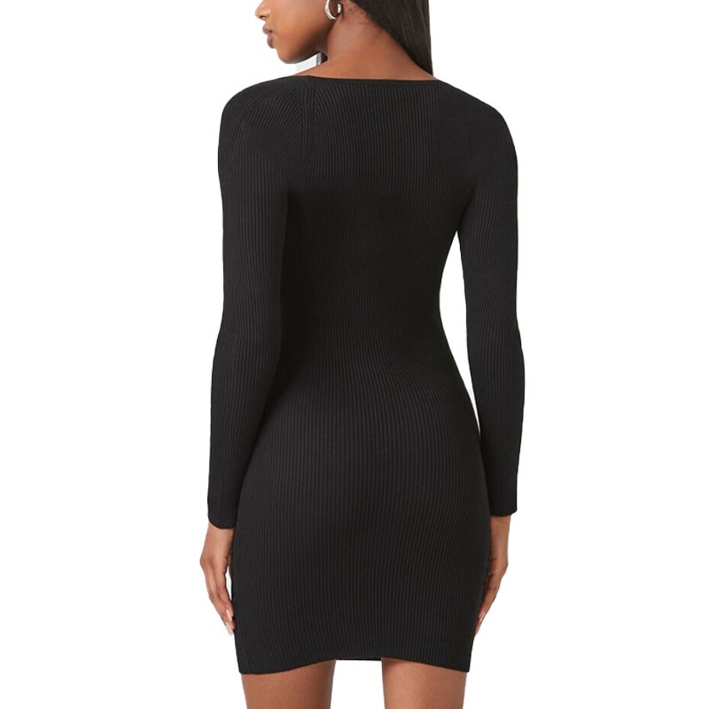 Custom Summer Fashion Black Sexy Long Sleeve Bodycon Knitted Cotton Ribbed Square Mini Dresses For Women
