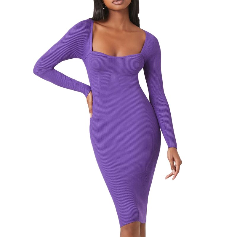 Custom Summer Fashion Black Sexy Long Sleeve Bodycon Knitted Cotton Ribbed Square Mini Dresses For Women