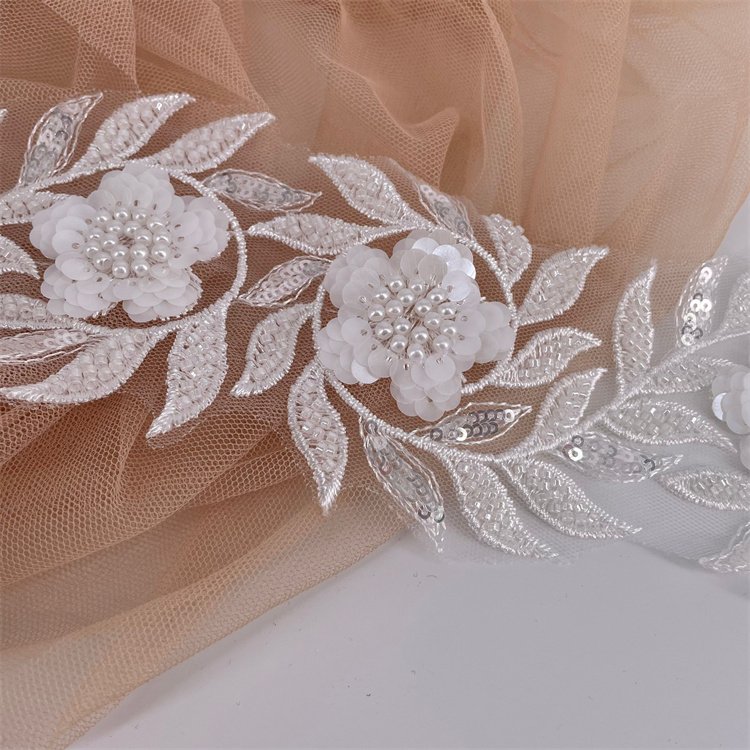 Luxury Embroidery Pearl White Beaded Lace Trim, Beaded Flower Pattern Lace Trim