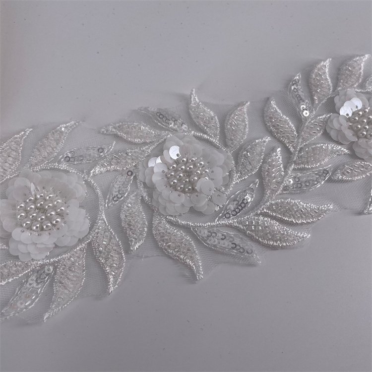 Luxury Embroidery Pearl White Beaded Lace Trim, Beaded Flower Pattern Lace Trim