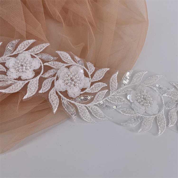 Luxury Embroidery Pearl White Beaded Lace Trim, Beaded Flower Pattern Lace Trim