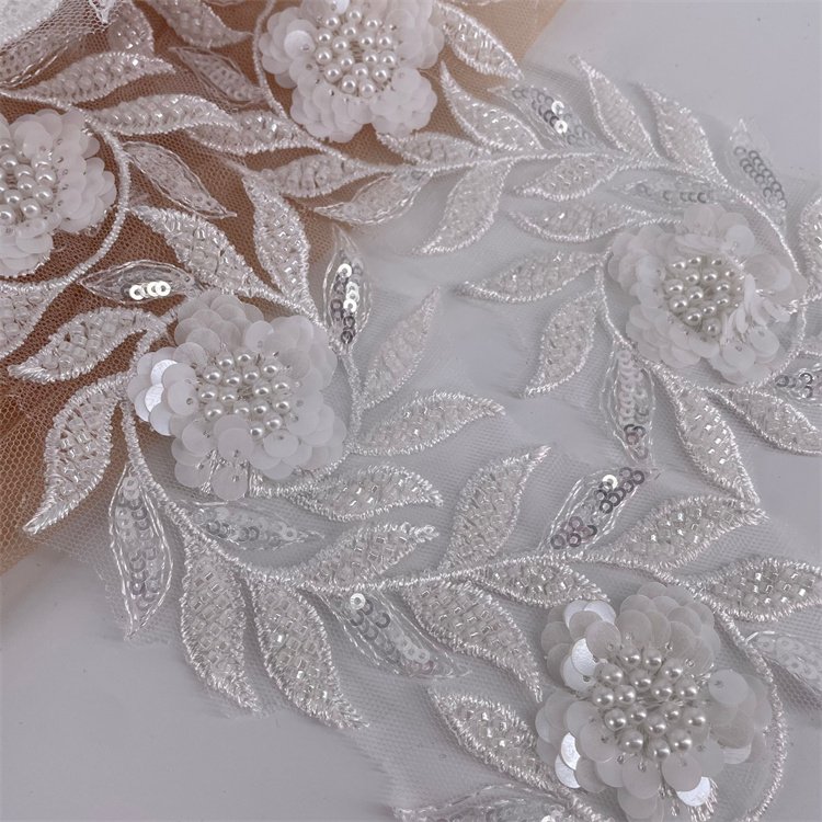 Luxury Embroidery Pearl White Beaded Lace Trim, Beaded Flower Pattern Lace Trim
