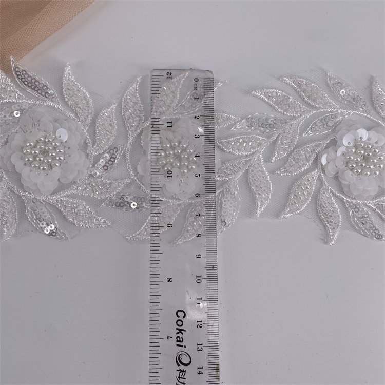 Luxury Embroidery Pearl White Beaded Lace Trim, Beaded Flower Pattern Lace Trim