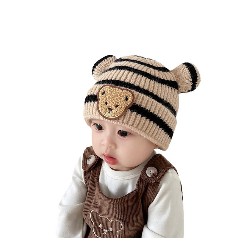 Factory Winter Soft Warm Hat Knitted Beanie Striped With Bear Cute Hats Newborn Toddler Baby Girl Boy Cotton Lovely Woolen Hats