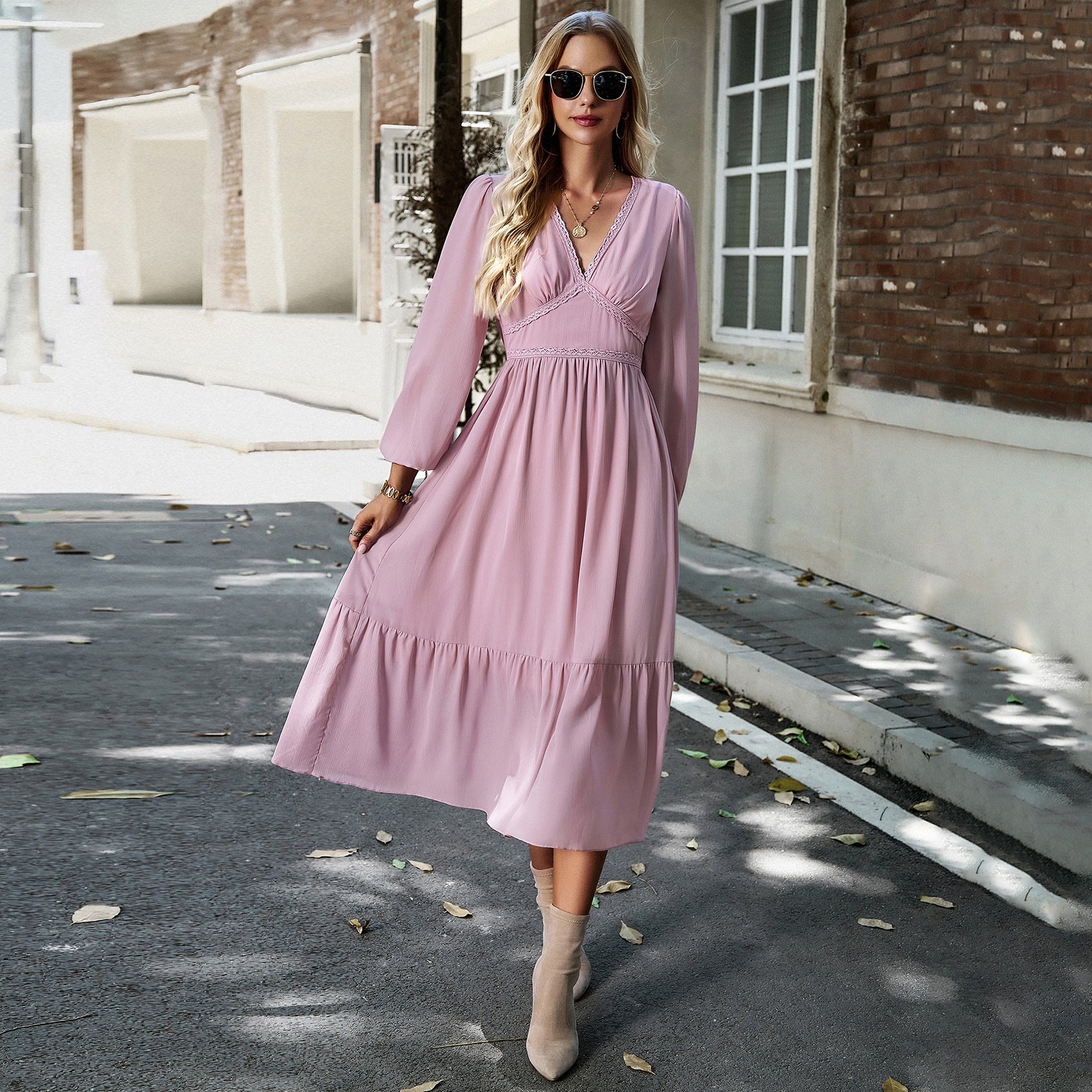 Female V-neck Casual Ladies Ribbed Maxi Robe Autumn Winter Elegant Pleated A-line Midi Dresses Women Knitted Long Dress
