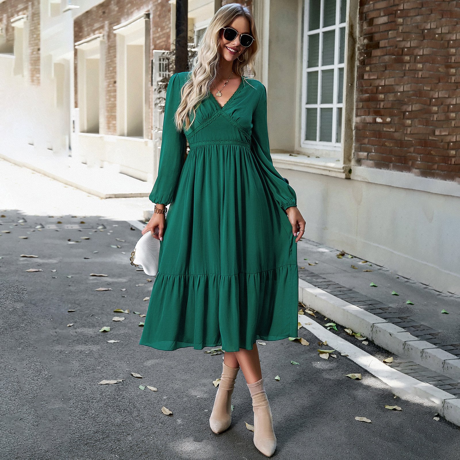 Female V-neck Casual Ladies Ribbed Maxi Robe Autumn Winter Elegant Pleated A-line Midi Dresses Women Knitted Long Dress