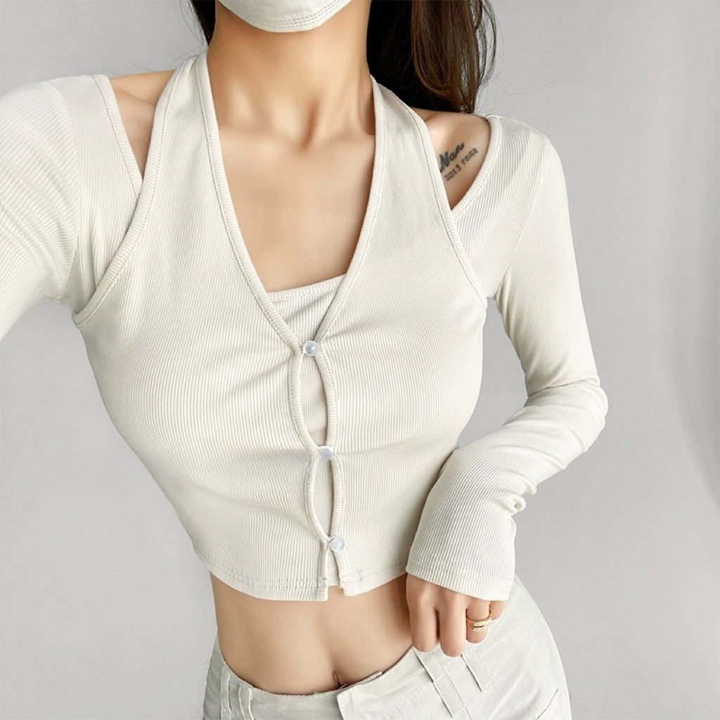 2024 New Spring Collection Sexy Women's Halter Tops Ribbed Design Long Sleeve Tight T-shirt Featuring Casual Button Hollow Short