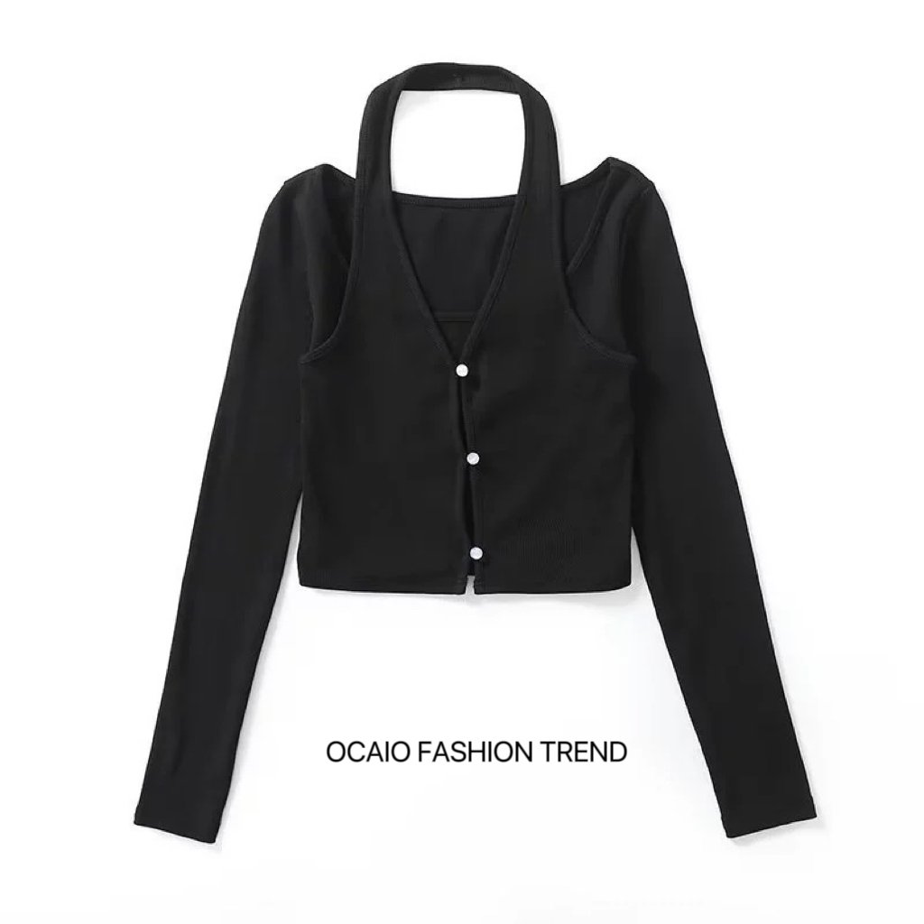 2024 New Spring Collection Sexy Women's Halter Tops Ribbed Design Long Sleeve Tight T-shirt Featuring Casual Button Hollow Short