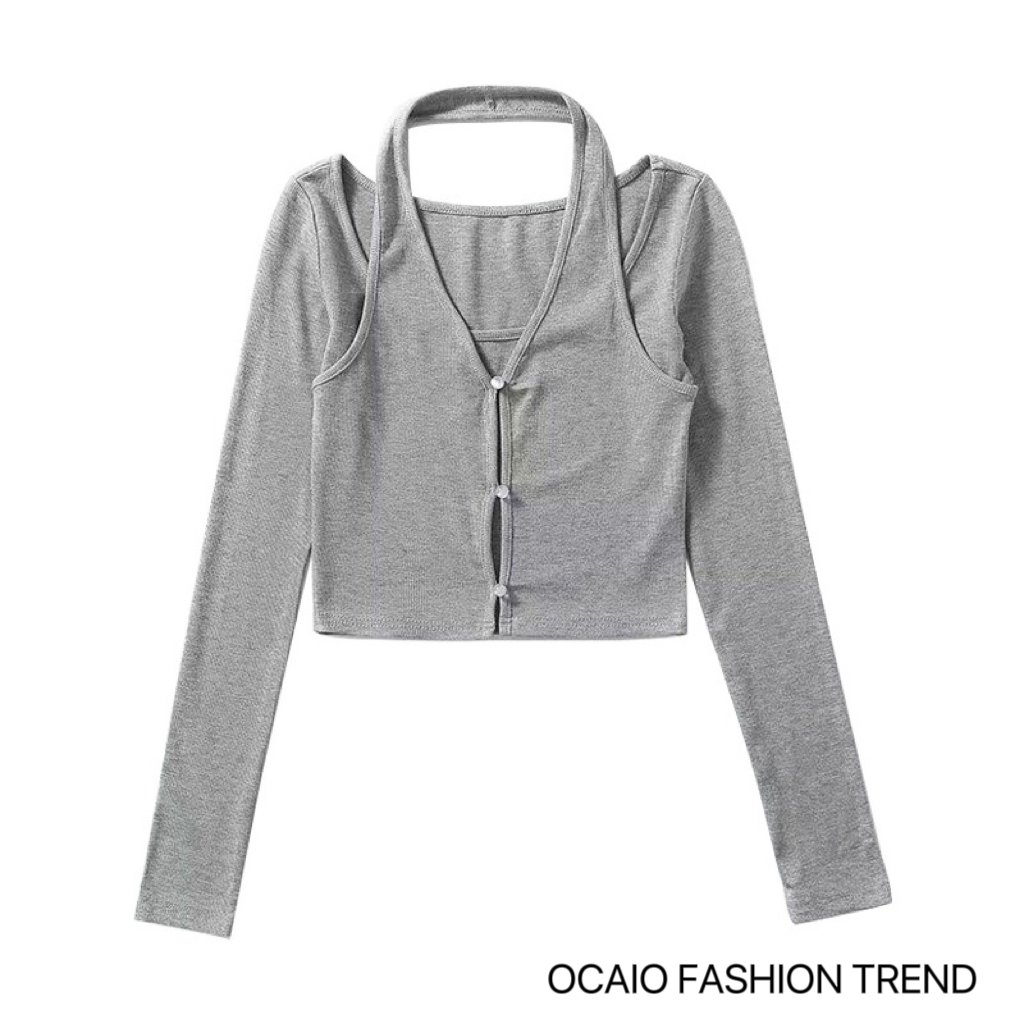 2024 New Spring Collection Sexy Women's Halter Tops Ribbed Design Long Sleeve Tight T-shirt Featuring Casual Button Hollow Short