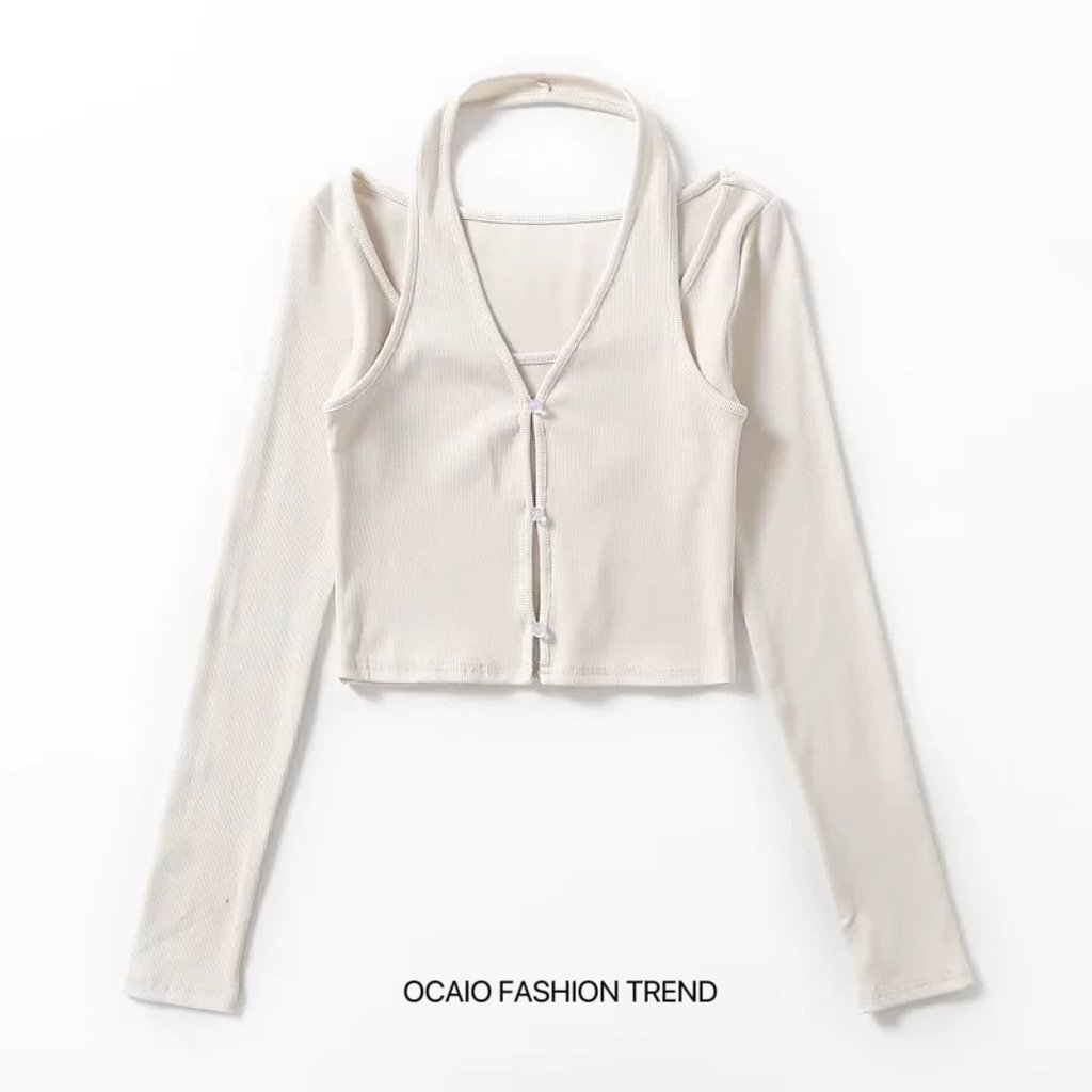 2024 New Spring Collection Sexy Women's Halter Tops Ribbed Design Long Sleeve Tight T-shirt Featuring Casual Button Hollow Short