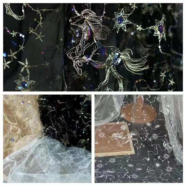 Tessuto da ricamo Mesh Lace Unicorn embroidery fabric Spring and summer girl dress fabric mesh tulle embroidery fabric