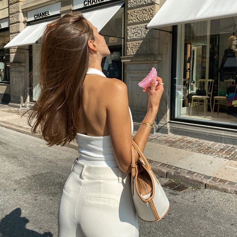 Sexy plain TOP Women All-match rib knit casual street shooting halter vest sleeveless backless Tank summer wear