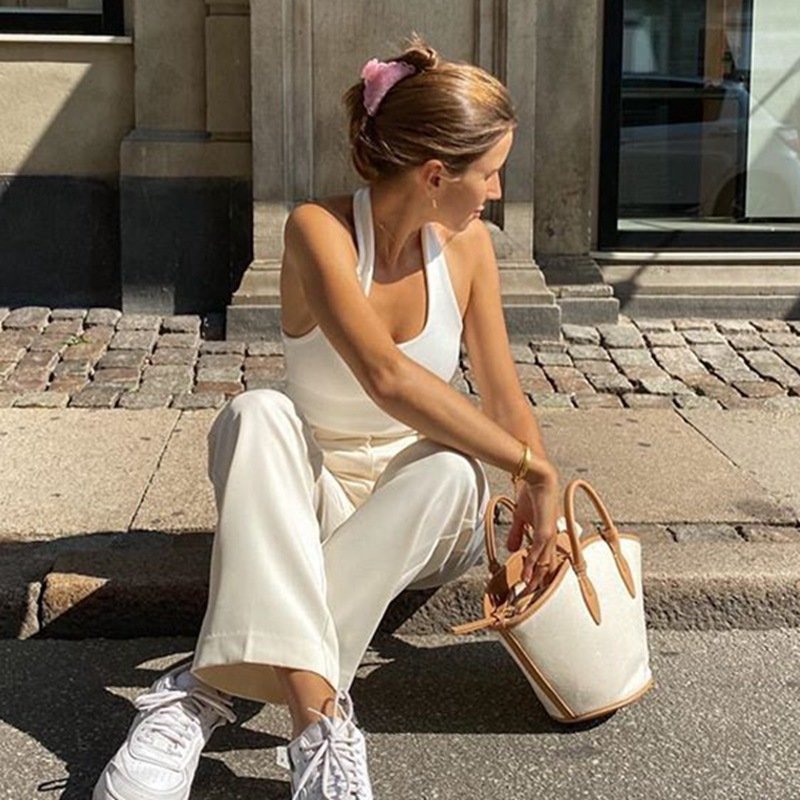 Sexy plain TOP Women All-match rib knit casual street shooting halter vest sleeveless backless Tank summer wear